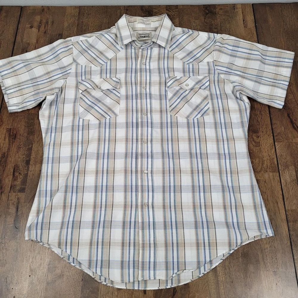 Vintage 70s Levis Big E White Tab Western Plaid Pearl Snap Shirt Short Sleeve Lg